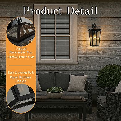 H15" 1 Light Modern Matte Black Outdoor Wall Lantern with Clear Tempered Glass Open Bottom Design Ex