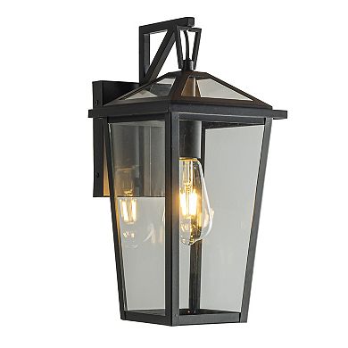 H15" 1 Light Modern Matte Black Outdoor Wall Lantern with Clear Tempered Glass Open Bottom Design Ex
