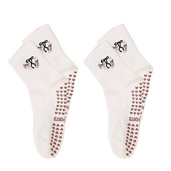 Non Slip Grip Yoga Socks Cute Embroidered Pilates Socks Crew Socks for Yoga Barre Dance 2 Pack