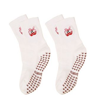 Non Slip Grip Yoga Socks Cute Embroidered Pilates Socks Crew Socks for Yoga Barre Dance 2 Pack