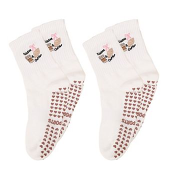 Non Slip Grip Yoga Socks Cute Embroidered Pilates Socks Crew Socks for Yoga Barre Dance 2 Pack