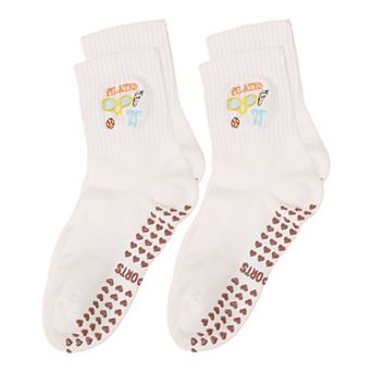 Non Slip Grip Yoga Socks Cute Embroidered Pilates Socks Crew Socks for Yoga Barre Dance 2 Pack