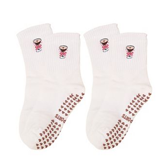 Non Slip Grip Yoga Socks Cute Embroidered Pilates Socks Crew Socks for Yoga Barre Dance 2 Pack