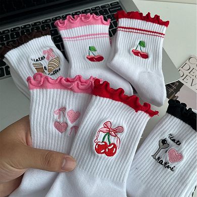 Non Slip Grip Yoga Socks Cute Embroidered Crew Socks Pilates Barre Socks Ruffle Trim Socks 3 Pack
