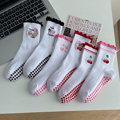 Non Slip Grip Yoga Socks Cute Embroidered Crew Socks Pilates Barre Socks Ruffle Trim Socks 3 Pack