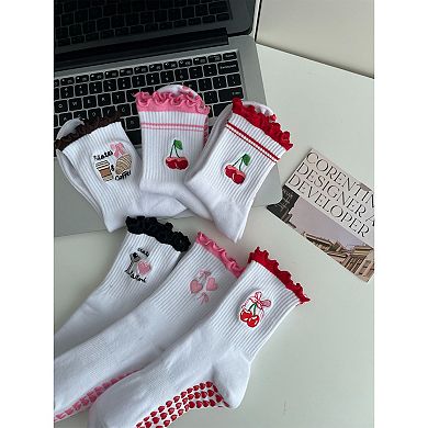 Non Slip Grip Yoga Socks Cute Embroidered Crew Socks Pilates Barre Socks Ruffle Trim Socks 3 Pack