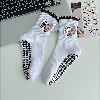 Non Slip Grip Yoga Socks Cute Embroidered Crew Socks Pilates Barre Socks Ruffle Trim Socks 3 Pack