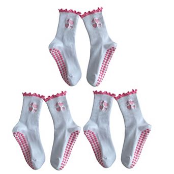 Non Slip Grip Yoga Socks Cute Embroidered Crew Socks Pilates Barre Socks Ruffle Trim Socks 3 Pack