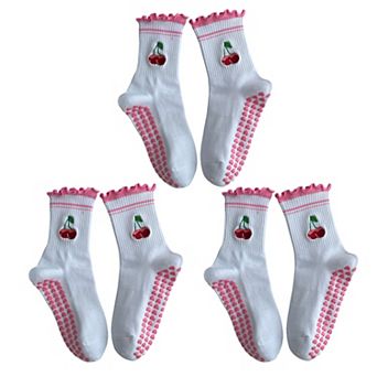 Non Slip Grip Yoga Socks Cute Embroidered Crew Socks Pilates Barre Socks Ruffle Trim Socks 3 Pack
