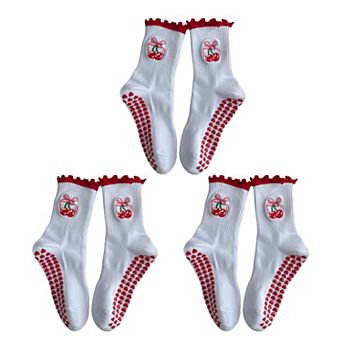 Non Slip Grip Yoga Socks Cute Embroidered Crew Socks Pilates Barre Socks Ruffle Trim Socks 3 Pack