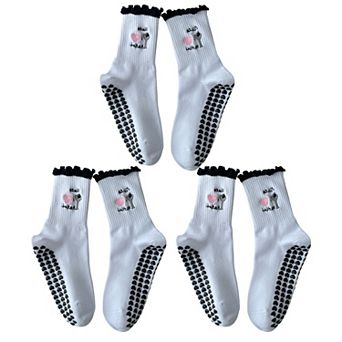 Non Slip Grip Yoga Socks Cute Embroidered Crew Socks Pilates Barre Socks Ruffle Trim Socks 3 Pack