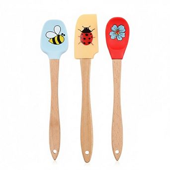 3 pc Silicone Spatula Set Wooden Handle, Bee Ladybug Flower Print, Heat Resistant Baking Tools