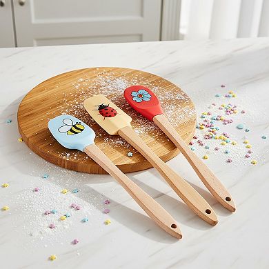 3-PC Silicone Spatula Set Wooden Handle, Bee Ladybug Flower Print, Heat Resistant Baking Tools