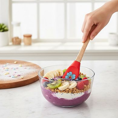 3-PC Silicone Spatula Set Wooden Handle, Bee Ladybug Flower Print, Heat Resistant Baking Tools