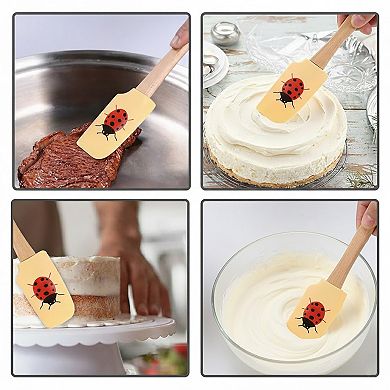 3-PC Silicone Spatula Set Wooden Handle, Bee Ladybug Flower Print, Heat Resistant Baking Tools