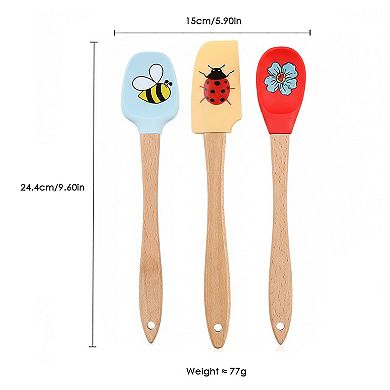 3-PC Silicone Spatula Set Wooden Handle, Bee Ladybug Flower Print, Heat Resistant Baking Tools