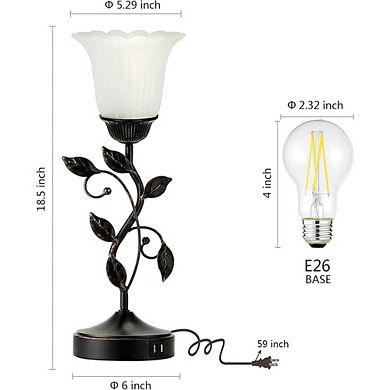 Touch Bedside Table Lamp with USB Ports and Glass Shade