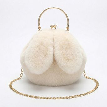 Women's Faux Fur Clutch Handbag with Gold Tone Kiss Lock Closure Top Handle and Chain Strap