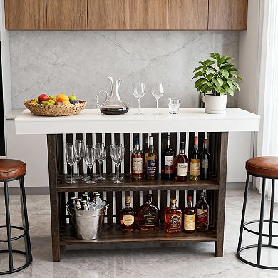 Bar Table, Large Wood Bar Unit, Counter Height Pub Table with 2-Tier Storage Shelves for Kitchen