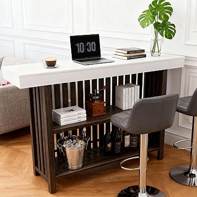 Bar Table, Large Wood Bar Unit, Counter Height Pub Table with 2-Tier Storage Shelves for Kitchen