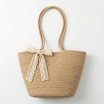 Women's Crochet Tote Bag with Structured Silhouette Double Shoulder Handles and Lace Tie Accent