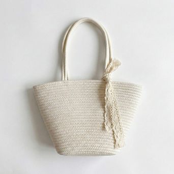 Women's Crochet Tote Bag with Structured Silhouette Double Shoulder Handles and Lace Tie Accent