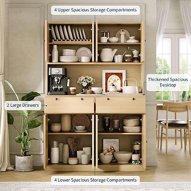 Kitchen Pantry Storage Cabinet, Kitchen Hutch with Microwave Stand, 2 Drawers and 8 Doors