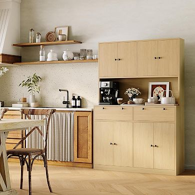Kitchen Pantry Storage Cabinet, Kitchen Hutch with Microwave Stand, 2 Drawers and 8 Doors