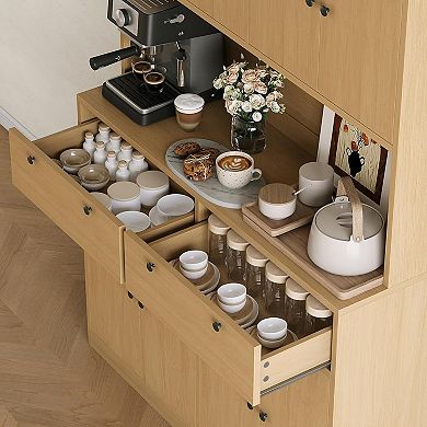 Kitchen Pantry Storage Cabinet, Kitchen Hutch with Microwave Stand, 2 Drawers and 8 Doors