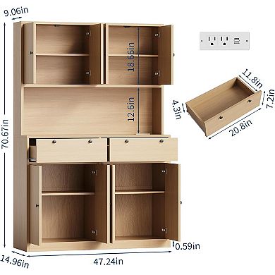 Kitchen Pantry Storage Cabinet, Kitchen Hutch with Microwave Stand, 2 Drawers and 8 Doors