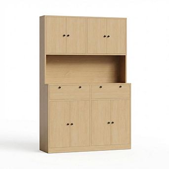 Kitchen Pantry Storage Cabinet, Kitchen Hutch with Microwave Stand, 2 Drawers and 8 Doors
