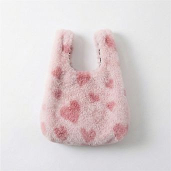 Women's Faux Fur Shoulder Tote Bag with Heart Pattern Soft Plush Texture and Wide Handles