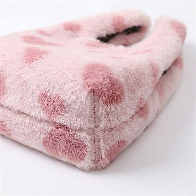 Women's Faux Fur Shoulder Tote Bag with Heart Pattern Soft Plush Texture and Wide Handles