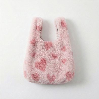 Women's Faux Fur Shoulder Tote Bag with Heart Pattern Soft Plush Texture and Wide Handles
