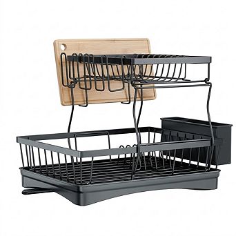 Large Two Tier Dish Drying Rack with Utensil Holder Black