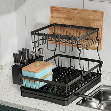 Large Two Tier Dish Drying Rack with Utensil Holder Black