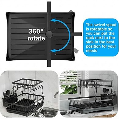 Large Two Tier Dish Drying Rack with Utensil Holder Black