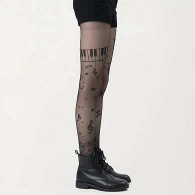 Women's Sheer Tights with Musical Note and Piano Pattern Design
