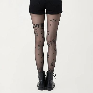 Women's Sheer Tights with Musical Note and Piano Pattern Design