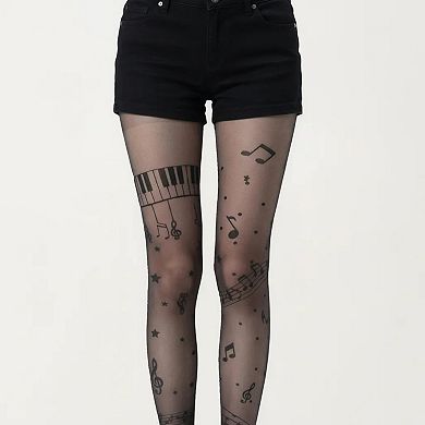 Women's Sheer Tights with Musical Note and Piano Pattern Design