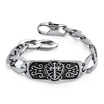 Men's Cross and Shield Link Bracelet in Stainless Steel