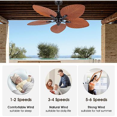 52" Wet Rated Palm Leaf Ceiling Fan with Light, Quiet DC Motor Remote Control