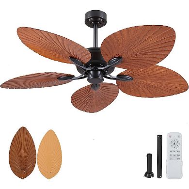 52" Wet Rated Palm Leaf Ceiling Fan with Light, Quiet DC Motor Remote Control