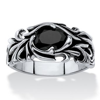 Men's Black Crystal Antiqued Stainless Steel Scrolling Leaf Ring