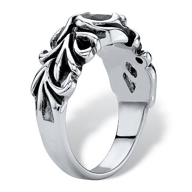 Men's Black Crystal Antiqued Stainless Steel Scrolling Leaf Ring