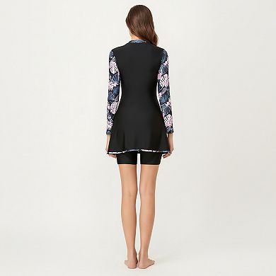 Women's 2-Piece Long Sleeve Zip Front Swim Dress with Floral Print and Separate Shorts