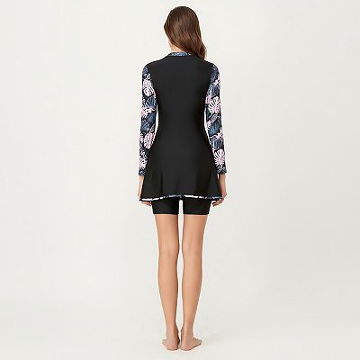 Women's 2-Piece Long Sleeve Zip Front Swim Dress with Floral Print and  Separate Shorts