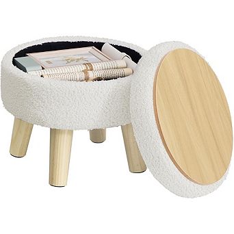 Round Storage Ottoman with Padded Seat and Wood Legs Teddy Fleece White