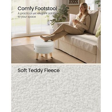 Round Storage Ottoman with Padded Seat and Wood Legs Teddy Fleece White