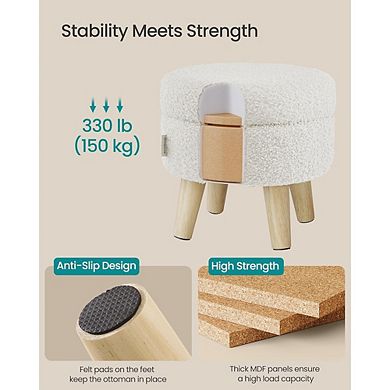 Round Storage Ottoman with Padded Seat and Wood Legs Teddy Fleece White